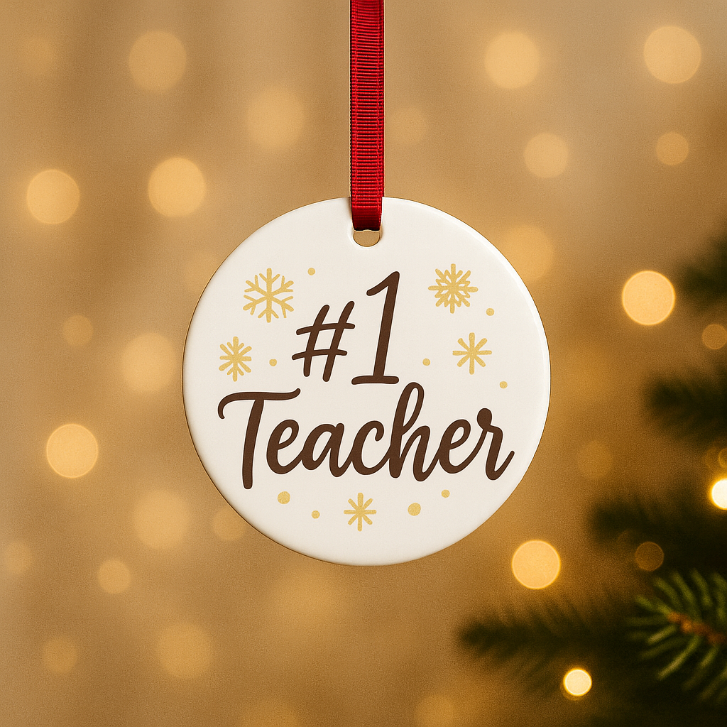 Ceramic ornament featuring “#1 Teacher” with gold snowflakes on a clean, elegant background.