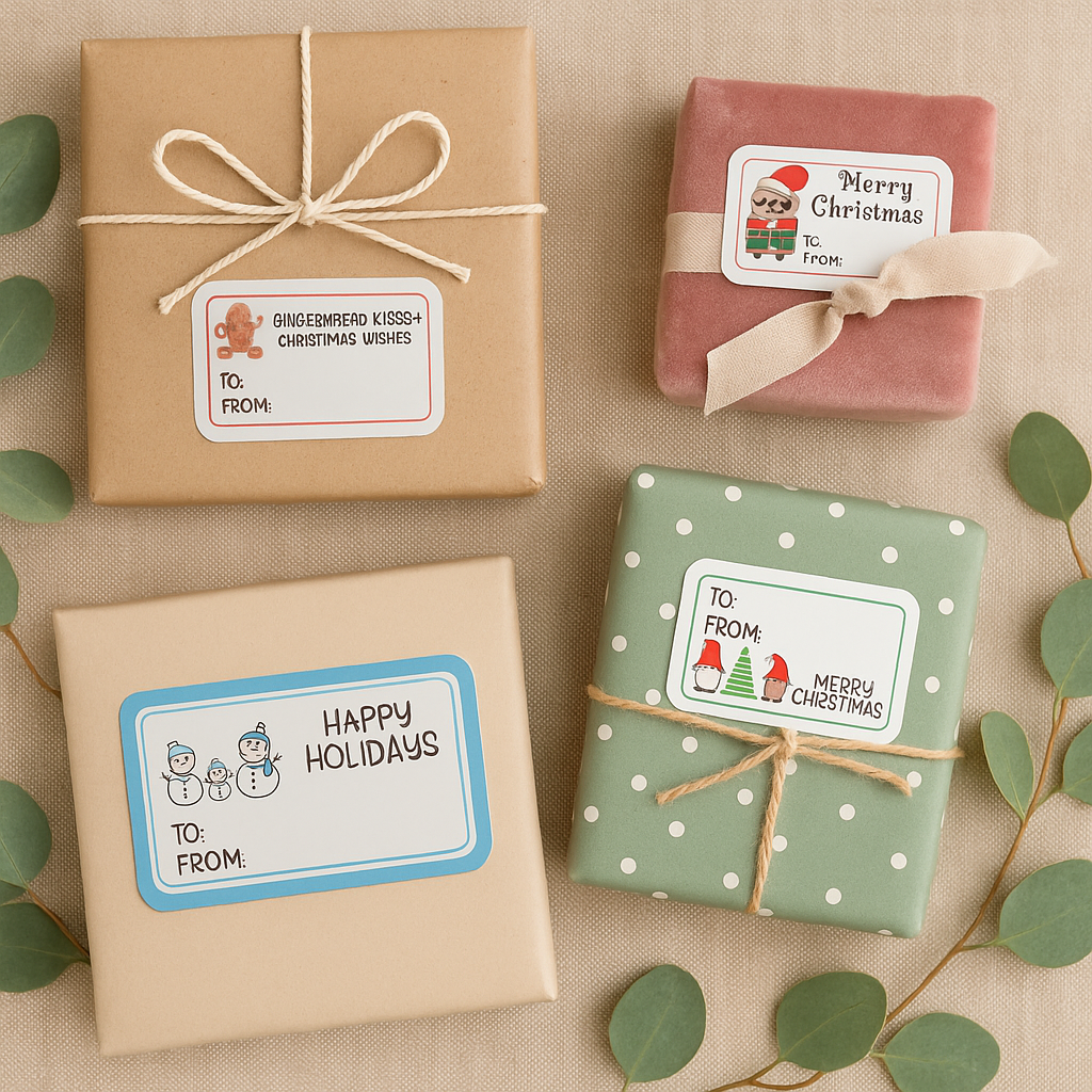 Four wrapped gifts with festive labels on a beige fabric background
