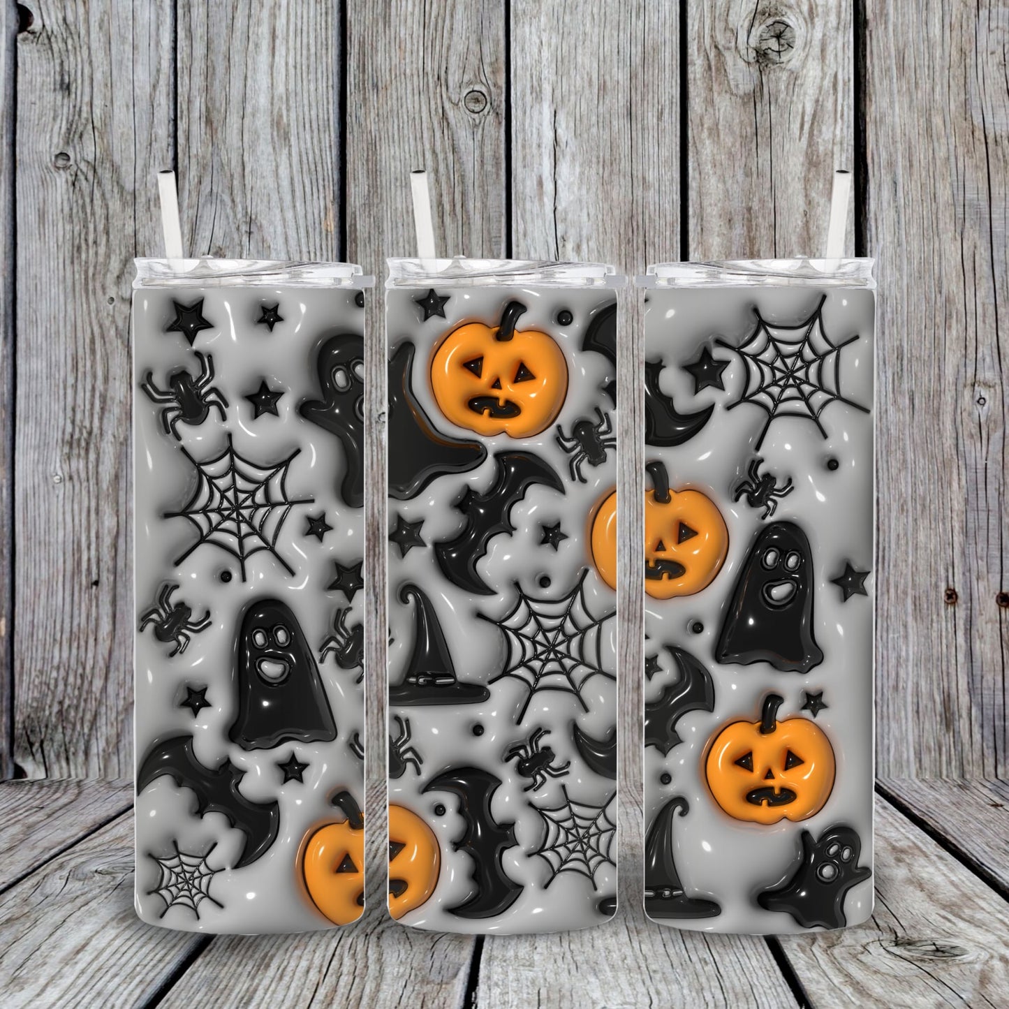 20 oz 3D Puff Pumpkin, Ghost, Bats, Spiders and Spider Web Halloween Clipart Patterned Tumbler