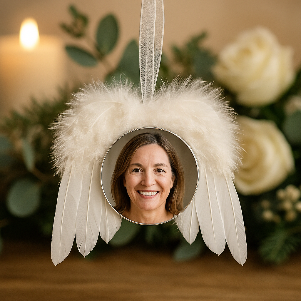 Decorative angel wing ornament with a person's face inside, against a blurred floral and candle background.