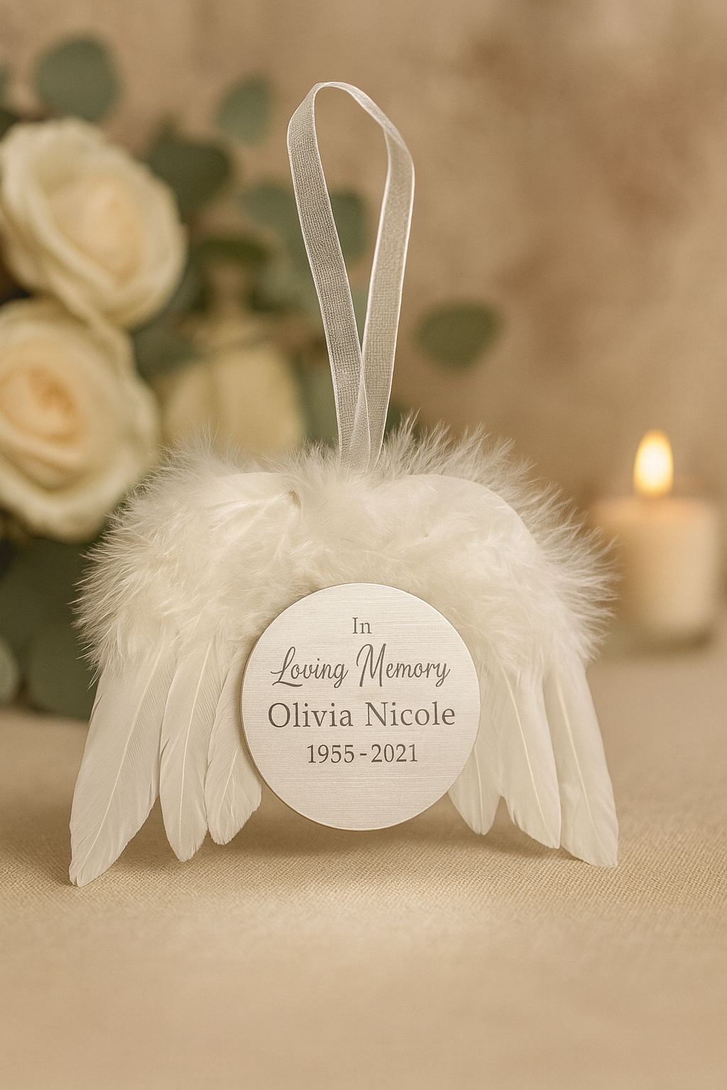 Memorial ornament with feather details and a candle in the background