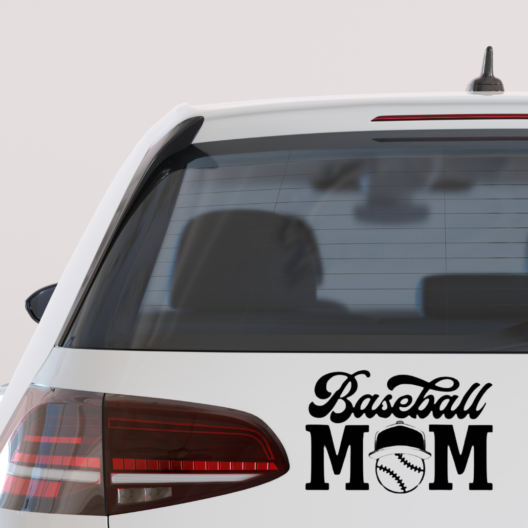 Baseball Mom vinyl decal with sporty design, perfect sticker for moms supporting their players on cars, tumblers, laptops, and water bottles.