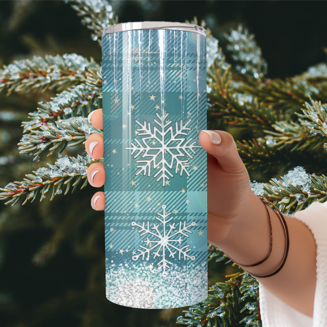 Blue Snowflake Plaid Christmas Tumbler – Winter Glitter Cup