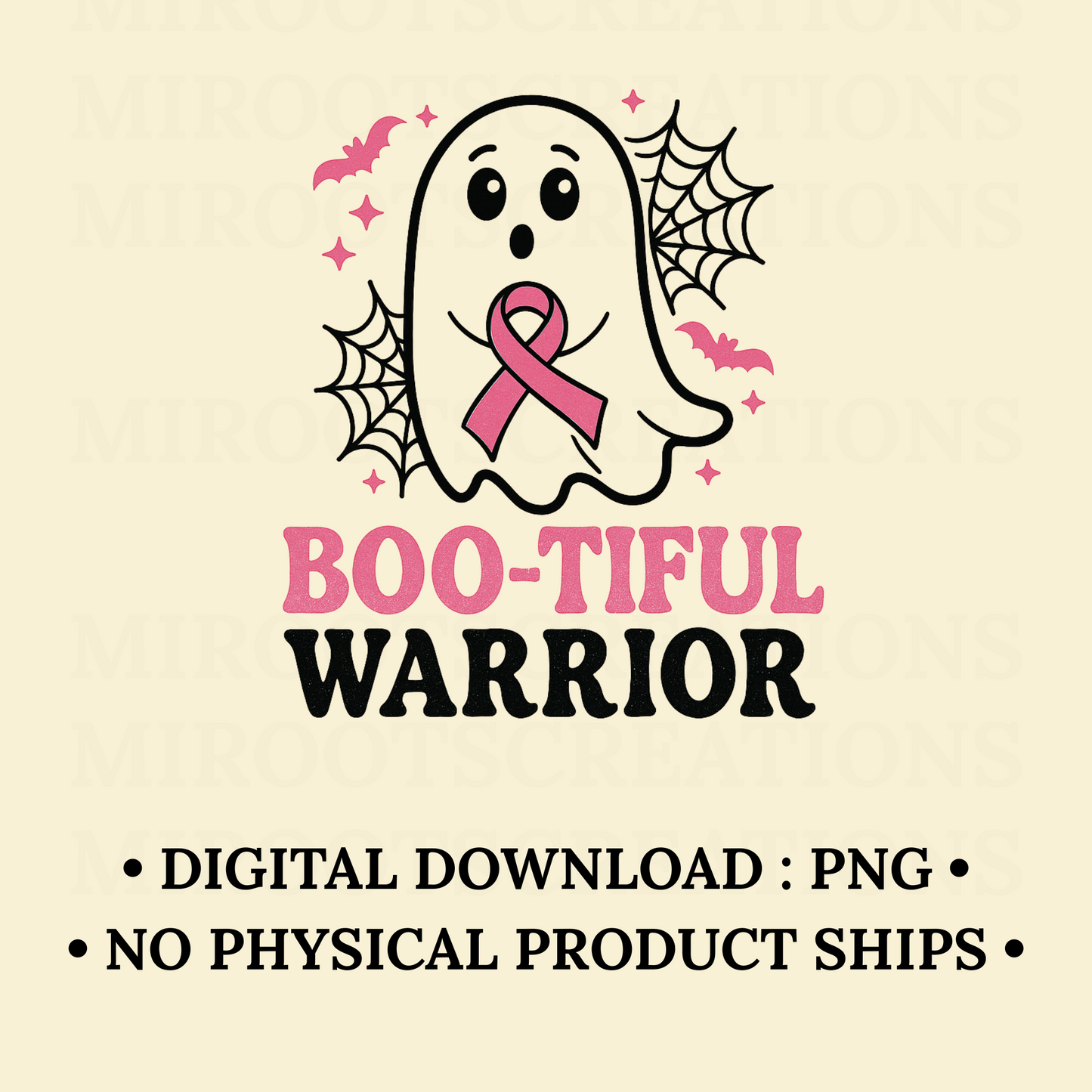 Boo-tiful Warrior ghost with pink breast cancer awareness ribbon and spider webs – Halloween PNG digital download for Cricut and sublimation crafts.