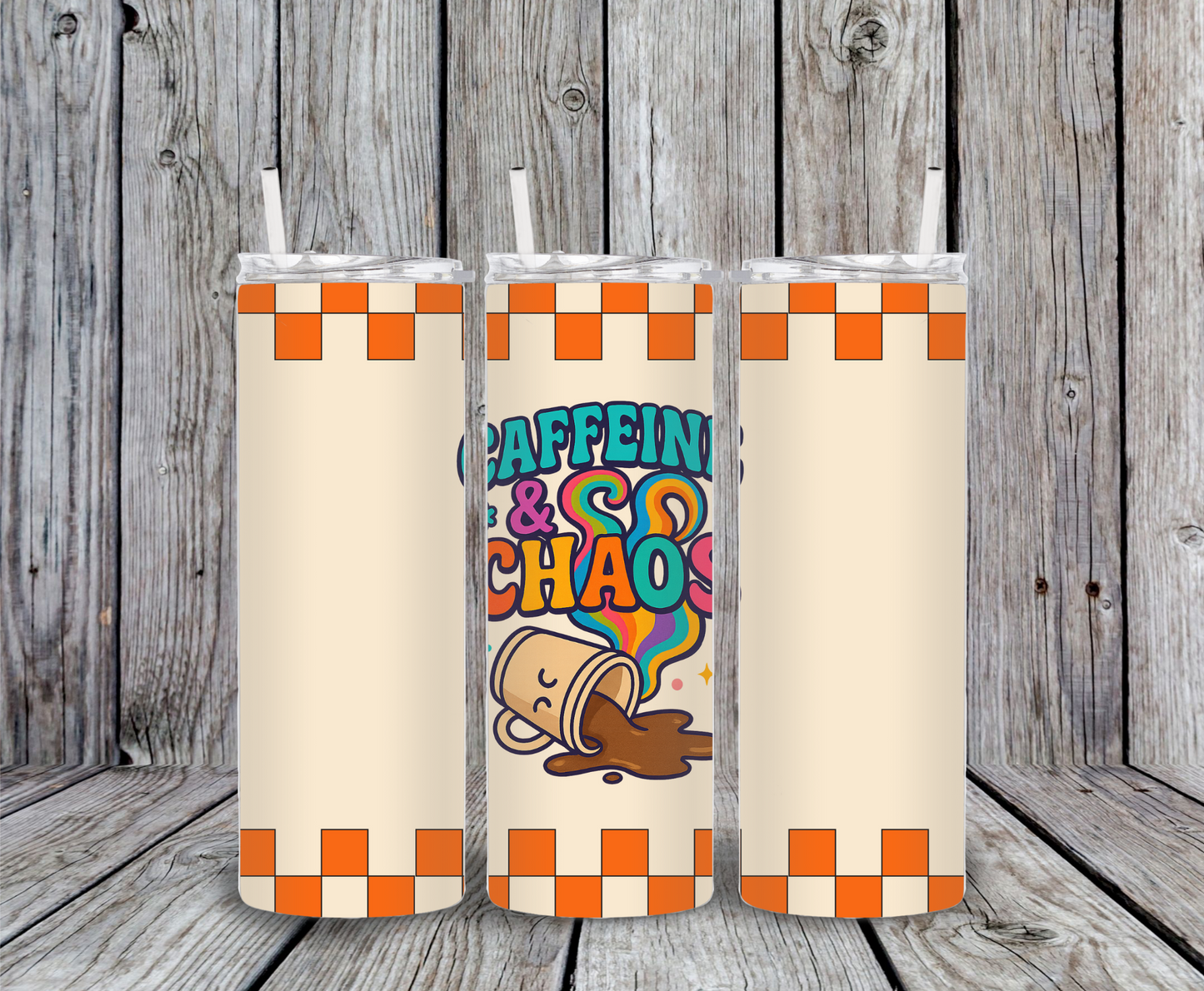Caffeine & Chaos Tumbler – 20oz skinny stainless steel cup with retro coffee design, spilled cup, rainbow steam, orange checkerboard border