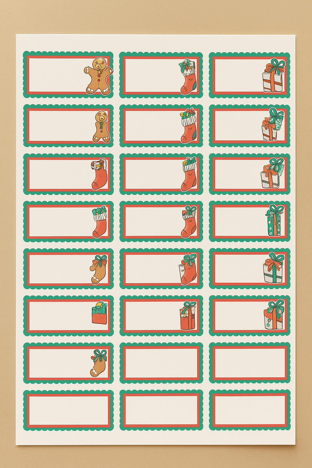 Sheet of Christmas-themed name tags with gingerbread men, stockings, and presents on a beige background.