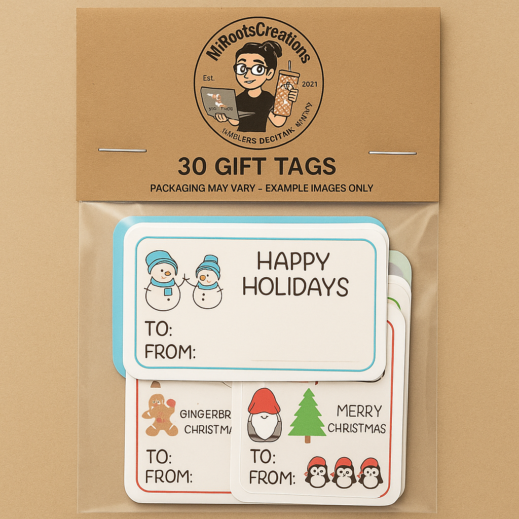 Packaged gift tags with 'Happy Holidays' design on a brown background