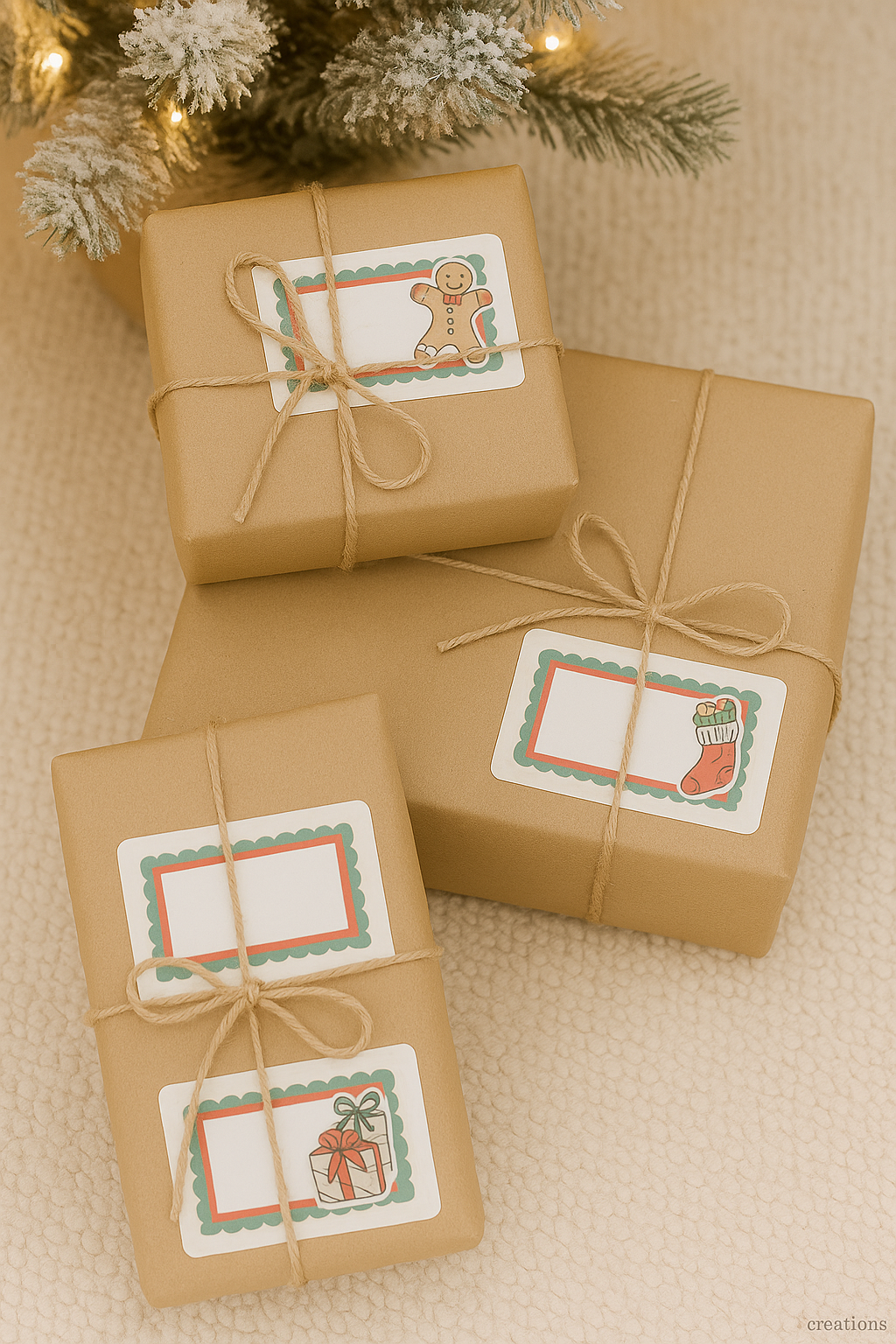 Three wrapped gifts in brown paper with Christmas-themed labels under a decorated tree.