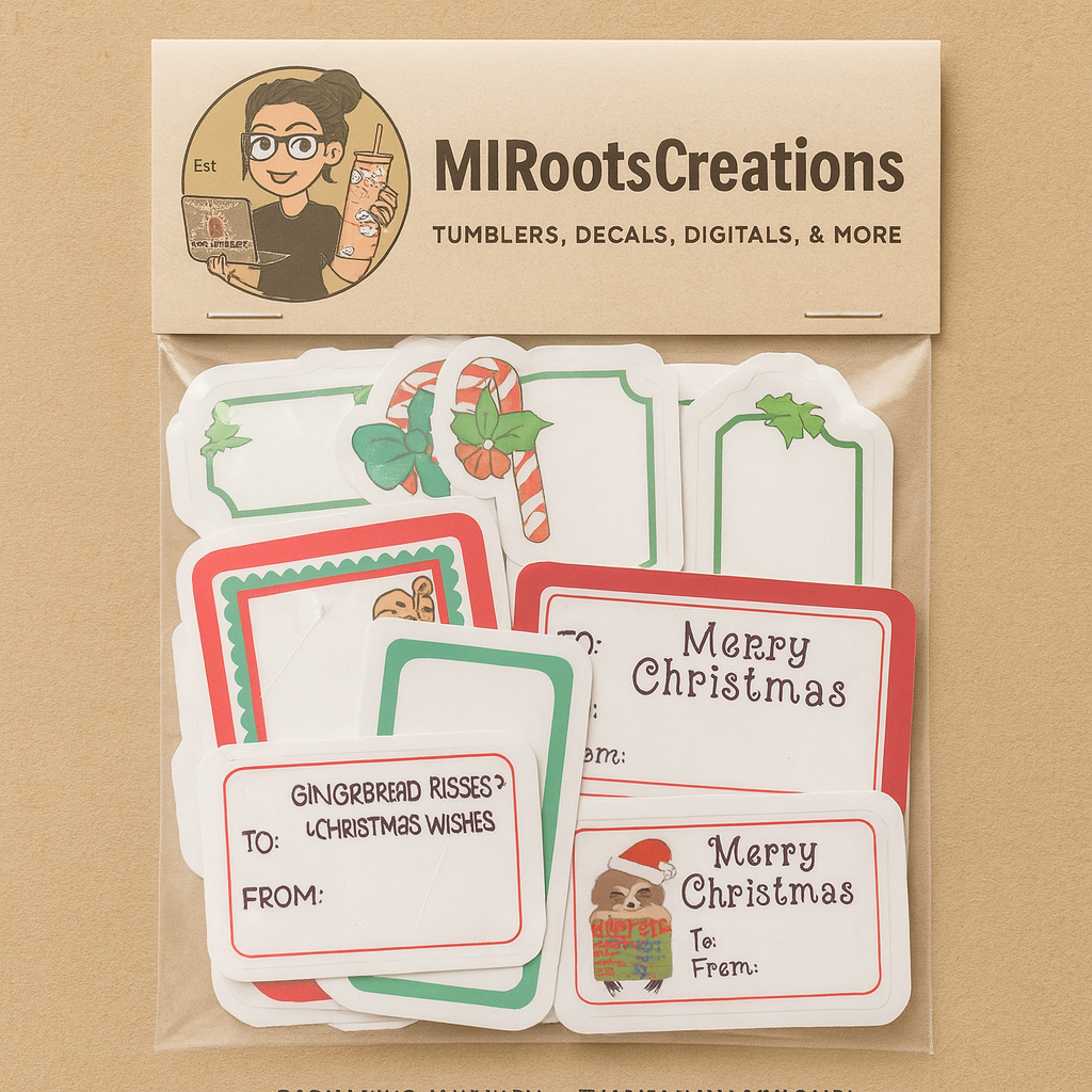 Packaged Christmas-themed stickers with 'MI Roots Creations' branding on a brown background.