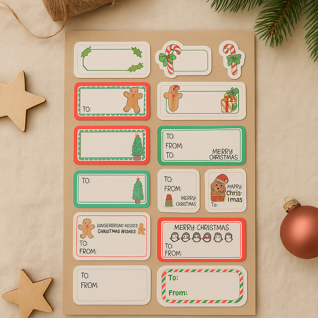 Collection of Christmas-themed labels on a beige background with festive decorations.