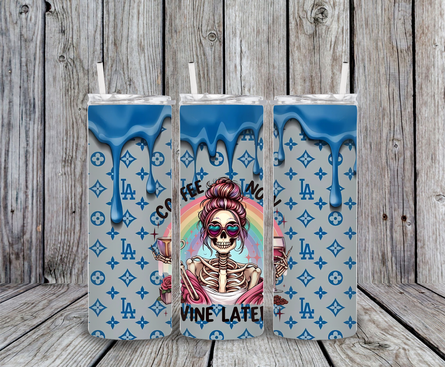 Blue drip skeleton coffee tumbler – 20oz stainless steel skinny cup with rainbow skeleton girl, heart sunglasses, coffee and wine text, and blue designer-style pattern