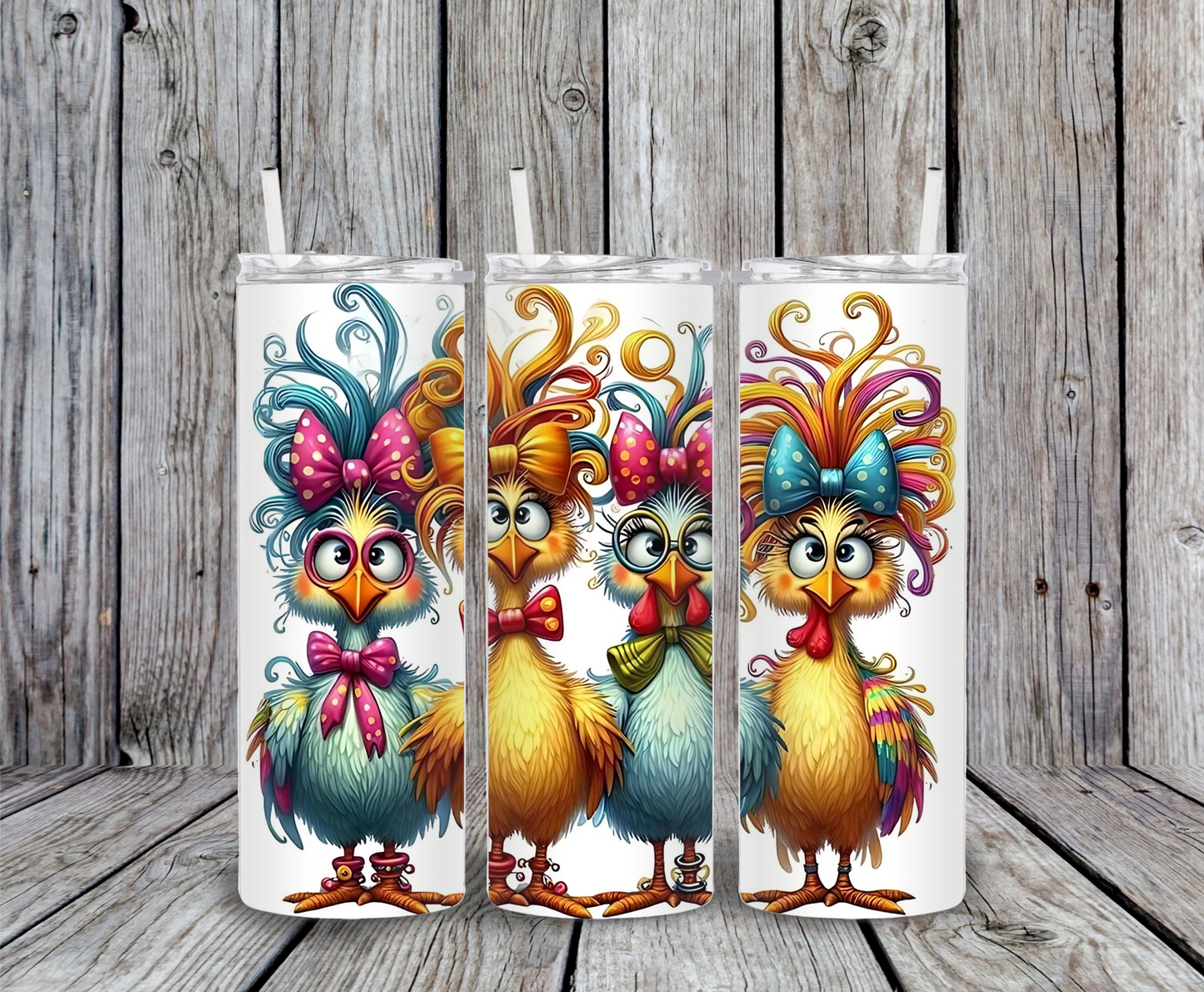Colorful funky chicken tumbler – 20oz stainless steel skinny cup with three vibrant chickens wearing bows, cartoon farm animal design, and playful rainbow feathers