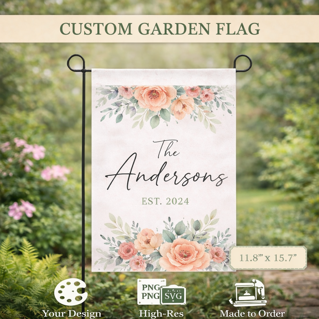 Custom garden flag with floral design and 'The Andersons' text, set against a garden background.