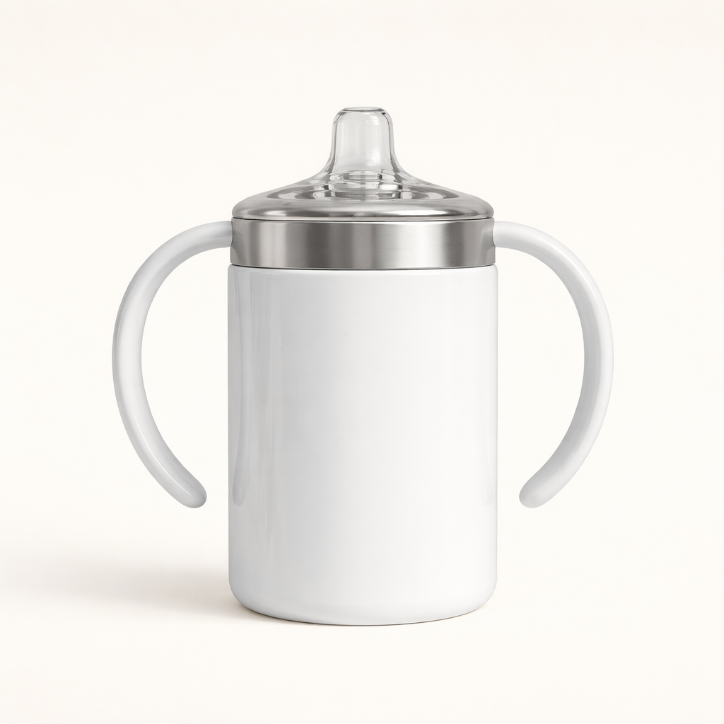 White sippy cup with silver lid and handles on a white background