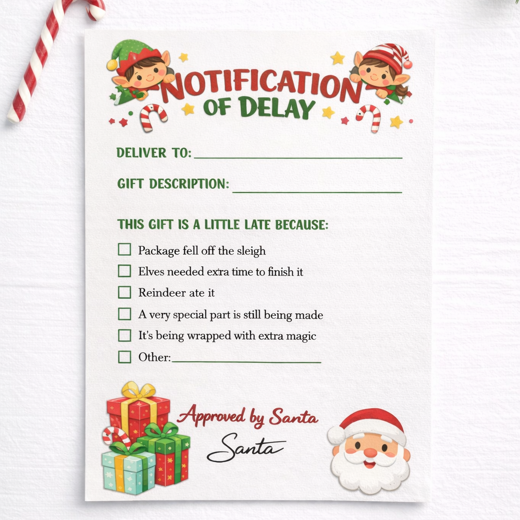 Christmas-themed 'Notification of Delay' form with Santa and elf graphics on a white background.