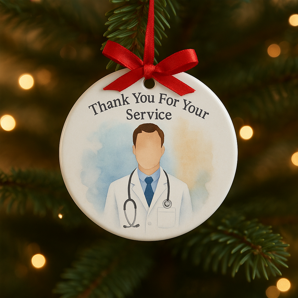 Ornament with a doctor illustration and 'Thank You For Your Service' text on a Christmas tree.