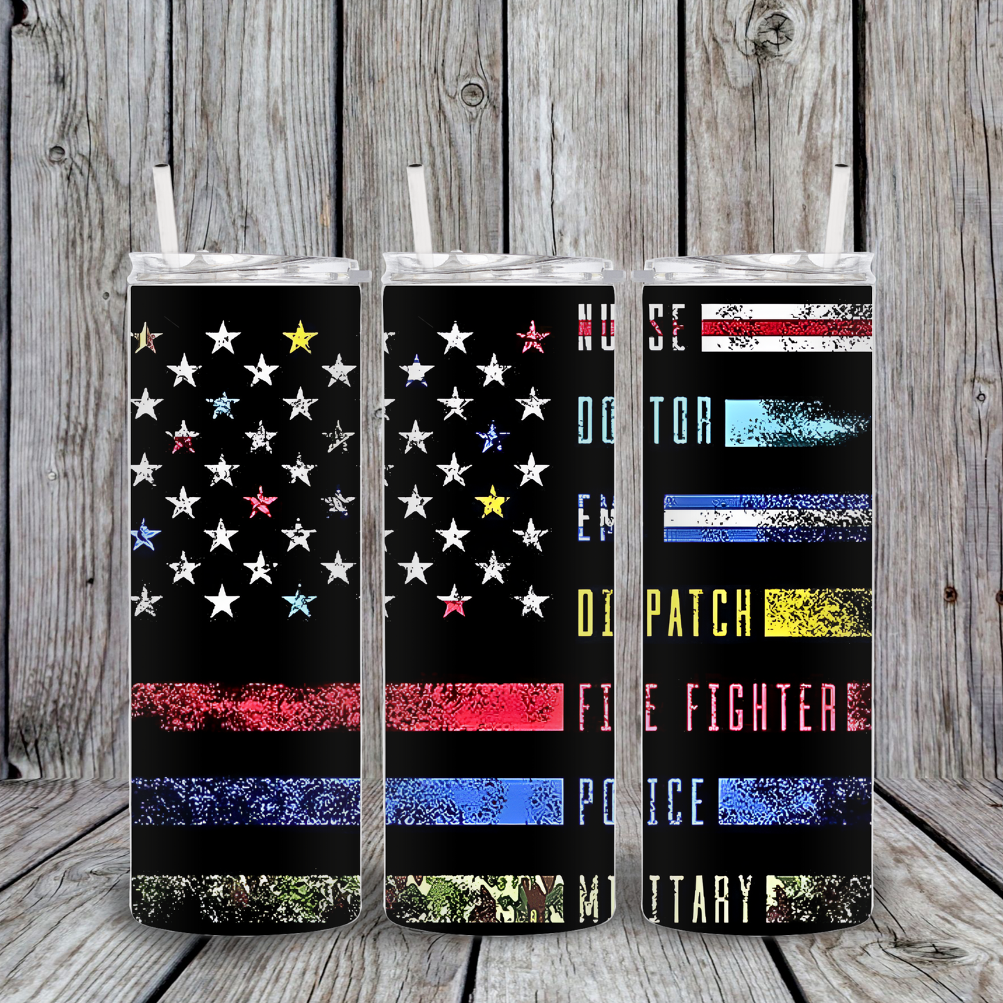 20oz stainless steel tumbler featuring distressed American flag with thin colored lines honoring nurse, doctor, EMT, dispatcher, firefighter, police, and military.