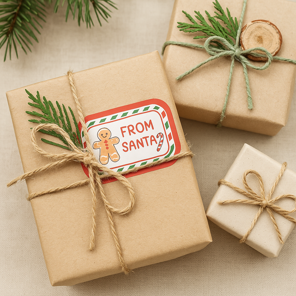 Gift boxes wrapped in brown paper with string, tied with a 'From Santa' tag on a beige background.