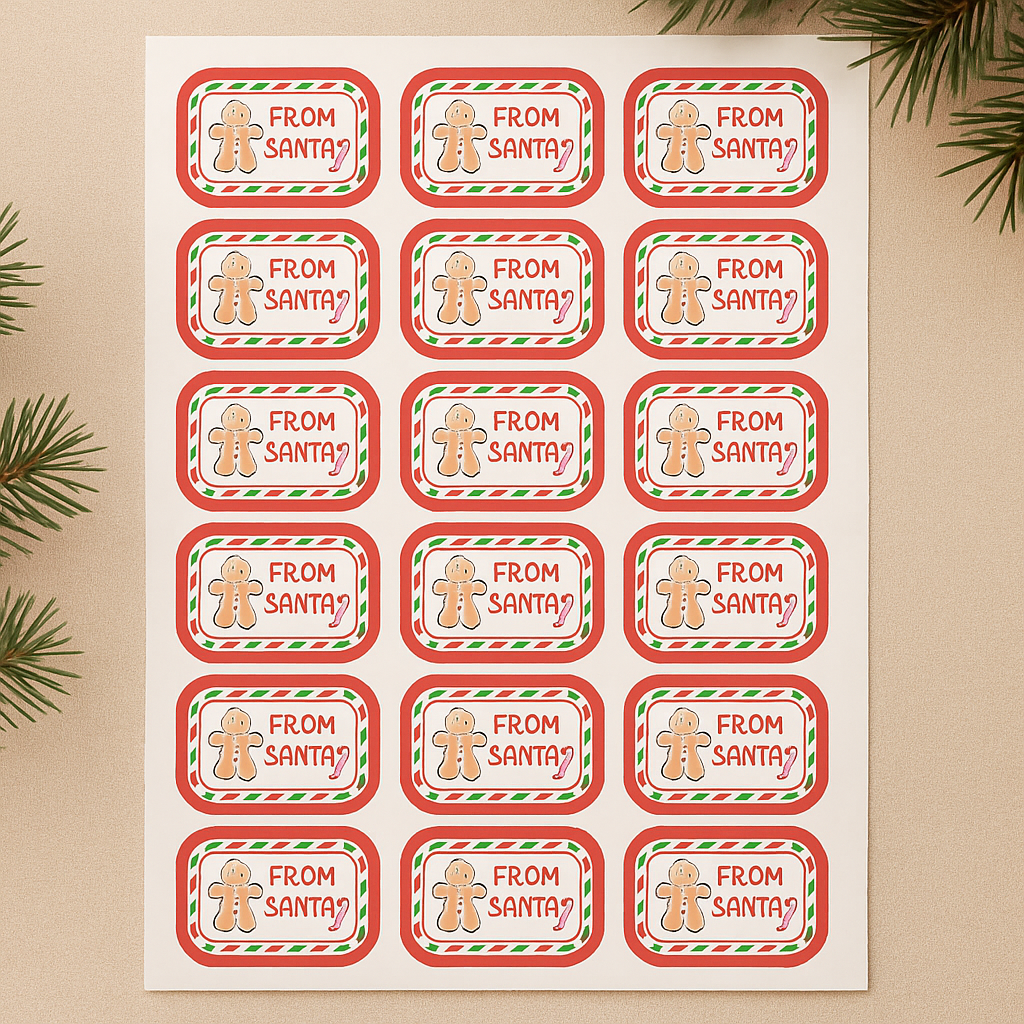 Sheet of 'From Santa?' Christmas gift tags with gingerbread men on a beige background.