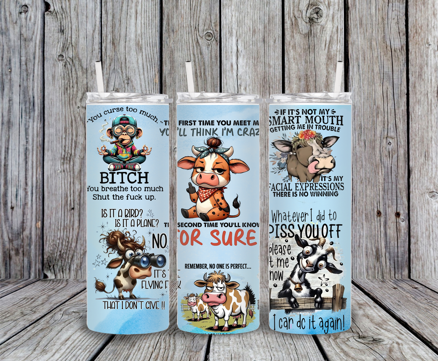 Funny cow and monkey tumbler with sarcastic quotes, including “You curse too much, bitch,” “Smart mouth trouble,” and “Crazy cow humor.”