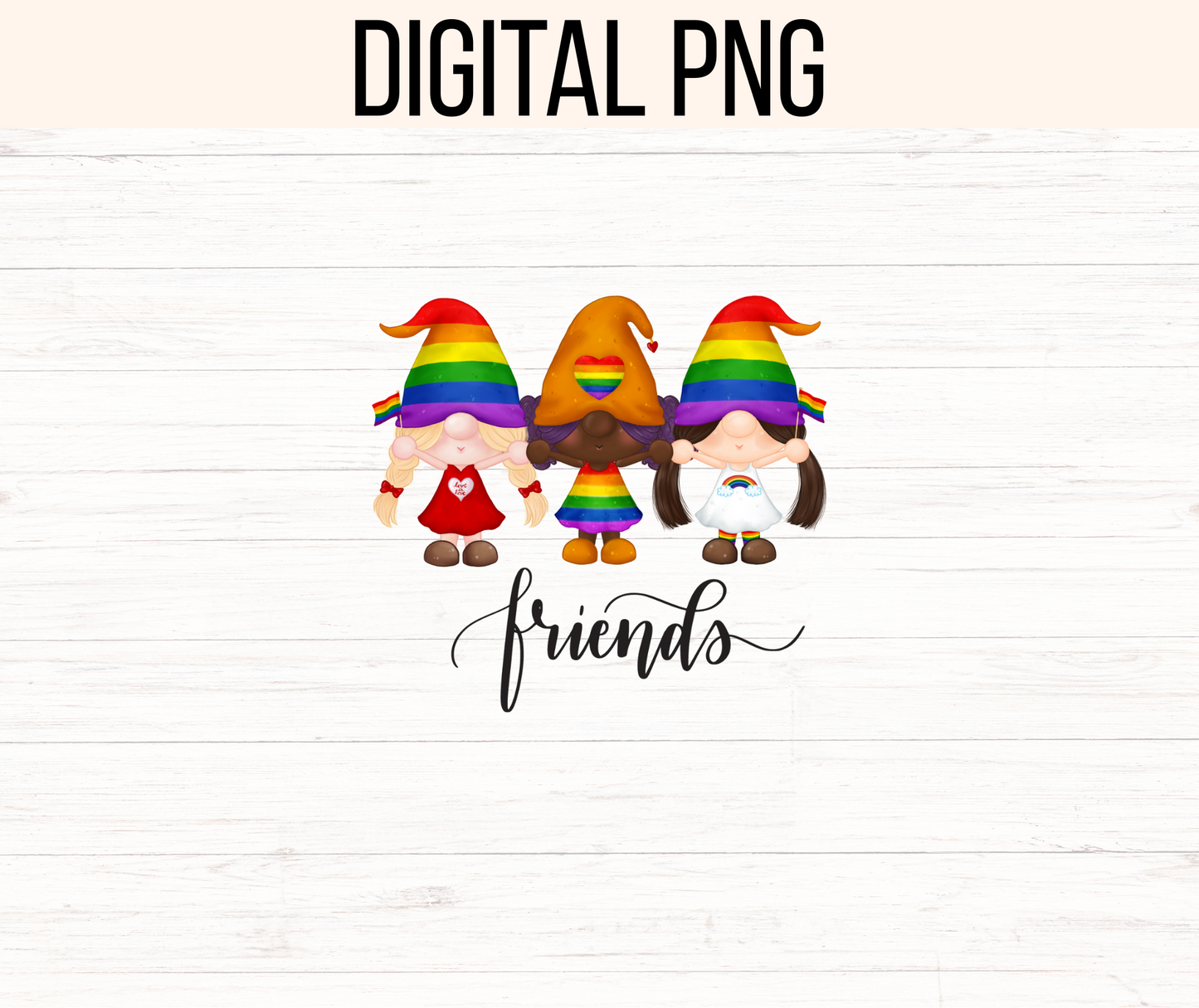 Gay Pride Friendship Gnomes Png. 300 dpi, ready to print, instant download.