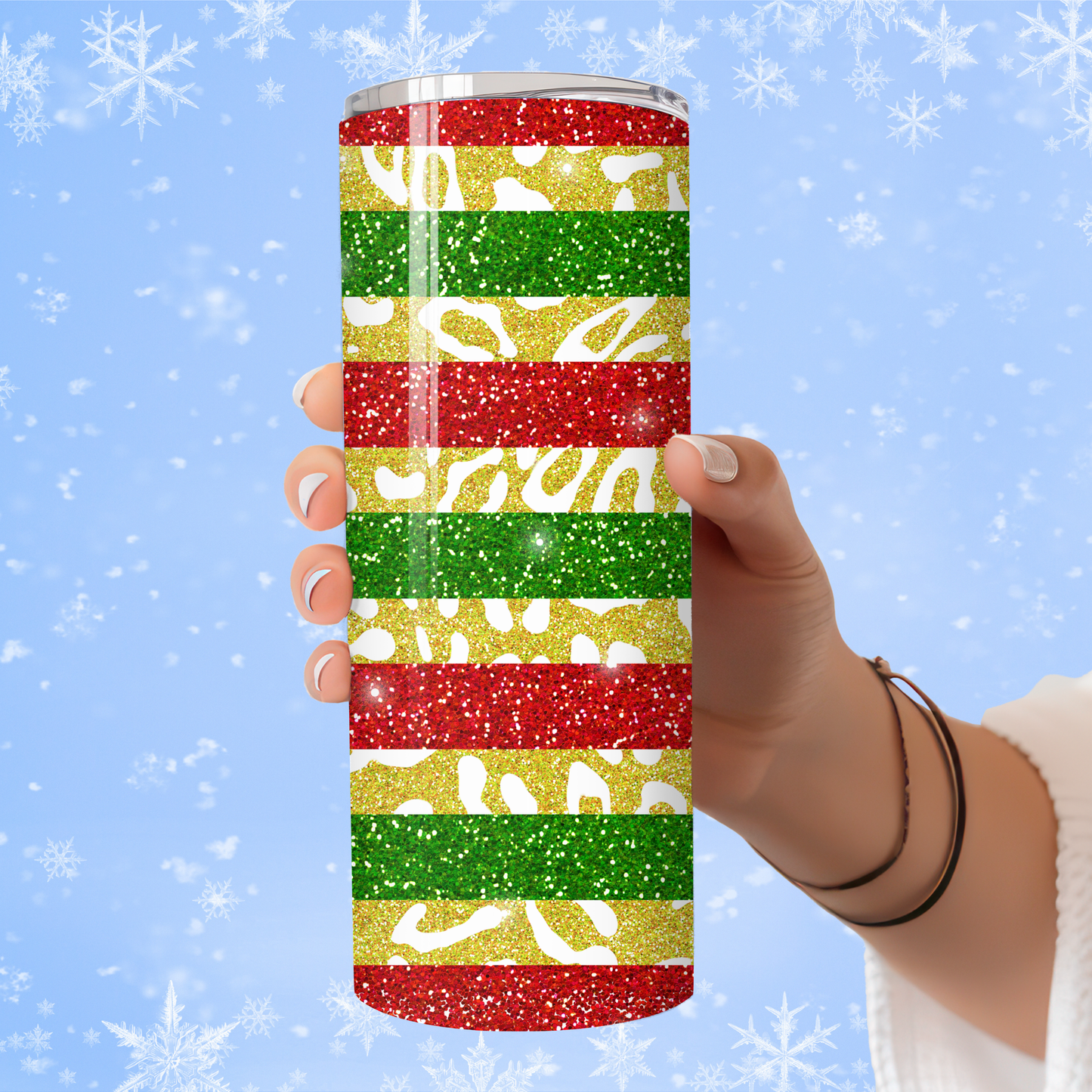 Glitter Leopard Stripe Christmas Tumbler | Red, Green & Gold Holiday Cup