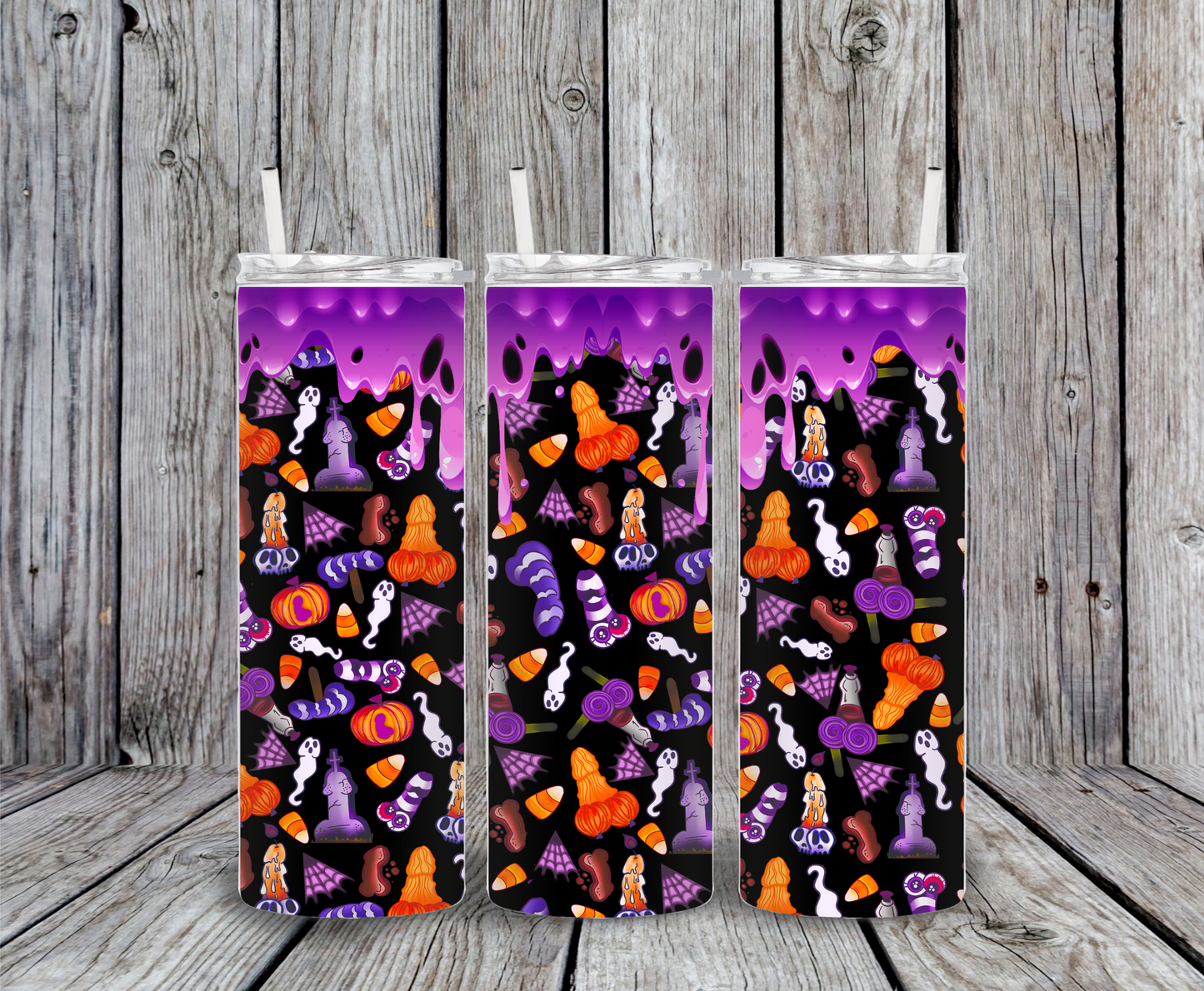 Funny Halloween 20oz skinny tumbler with drippy purple top, cartoon penis ghosts, candy corn, spider webs, and colorful Halloween treats on a black background – stainless steel cup with lid and straw.