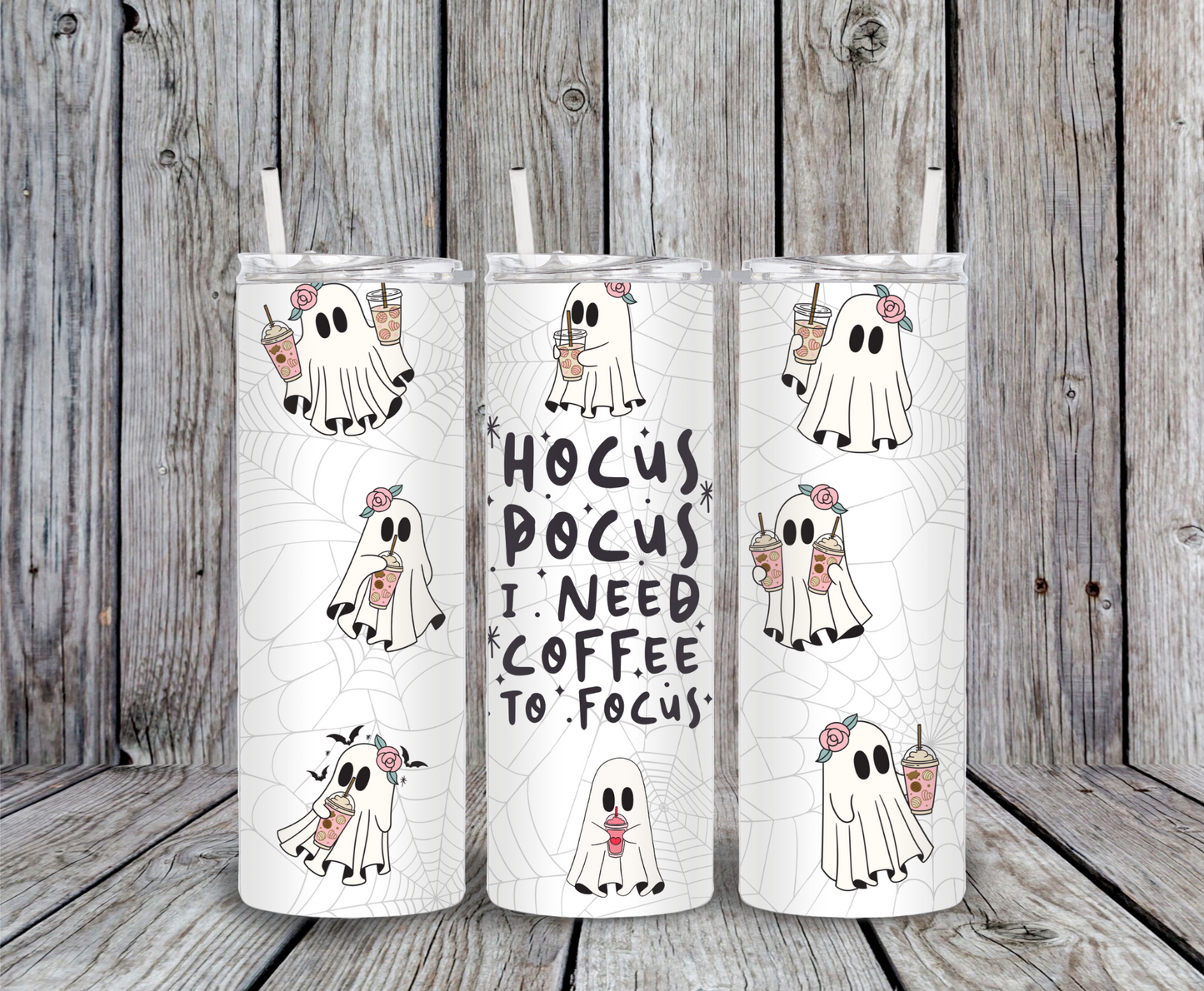 Hocus Pocus I Need Coffee to Focus Tumbler – 20oz skinny cup with ghost design, iced coffee cups, floral crown, spiderweb background