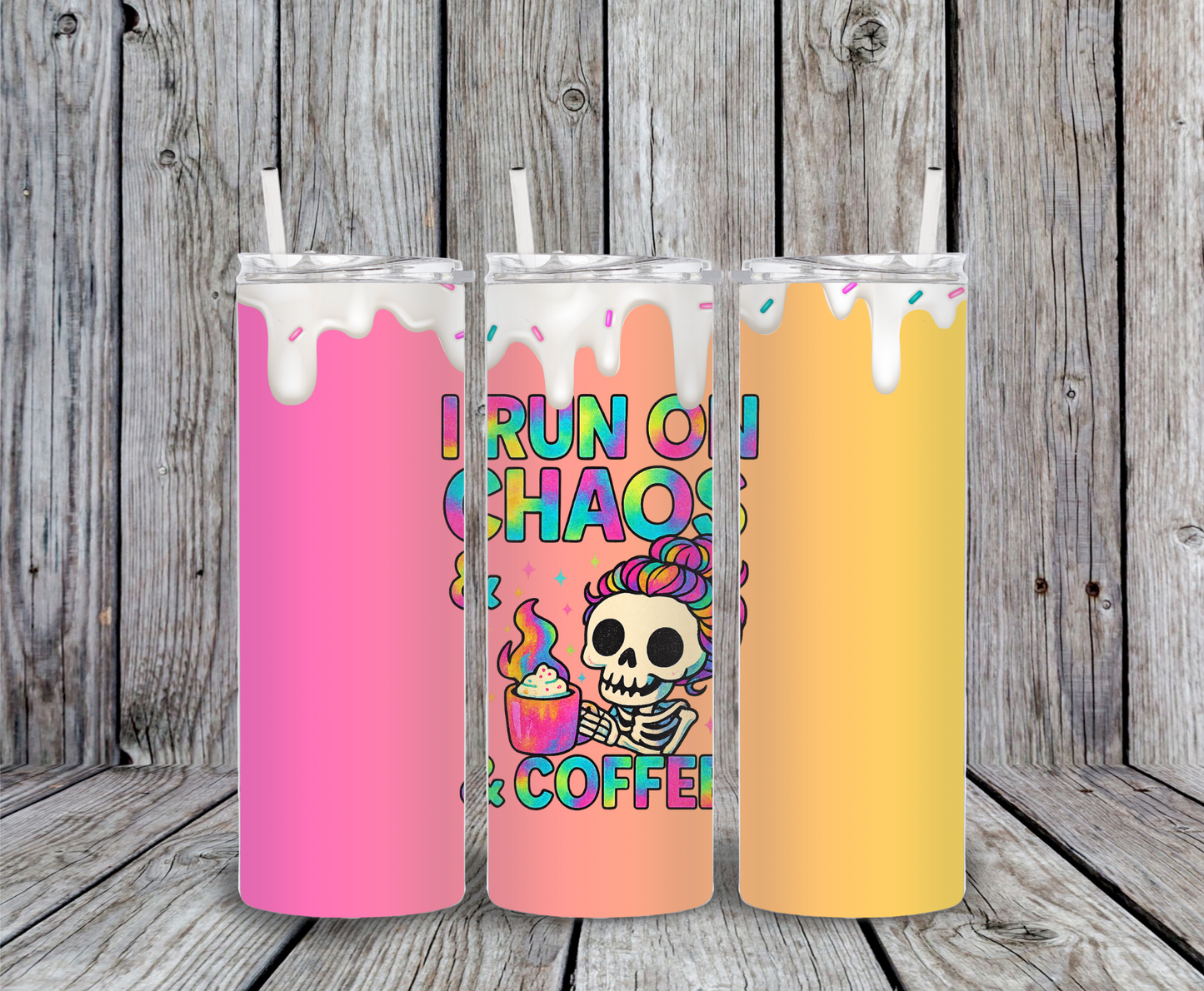 I Run on Chaos & Coffee Tumbler – 20oz skinny stainless steel cup with rainbow skeleton design, whipped topping, pastel sprinkles, and bold retro font"