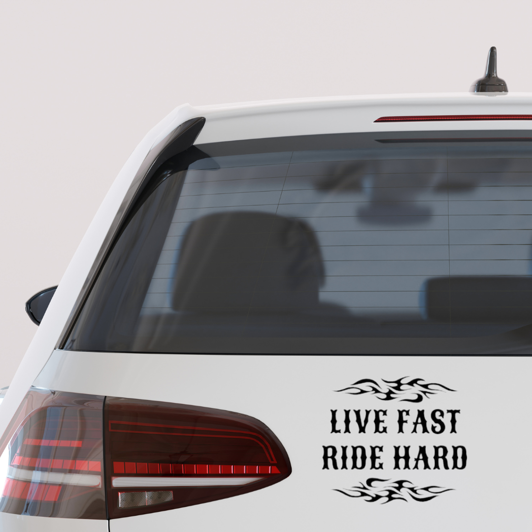 “Live Fast Ride Hard” vinyl decal with bold biker design, motorcycle lifestyle sticker for cars, trucks, helmets, laptops, and gear.