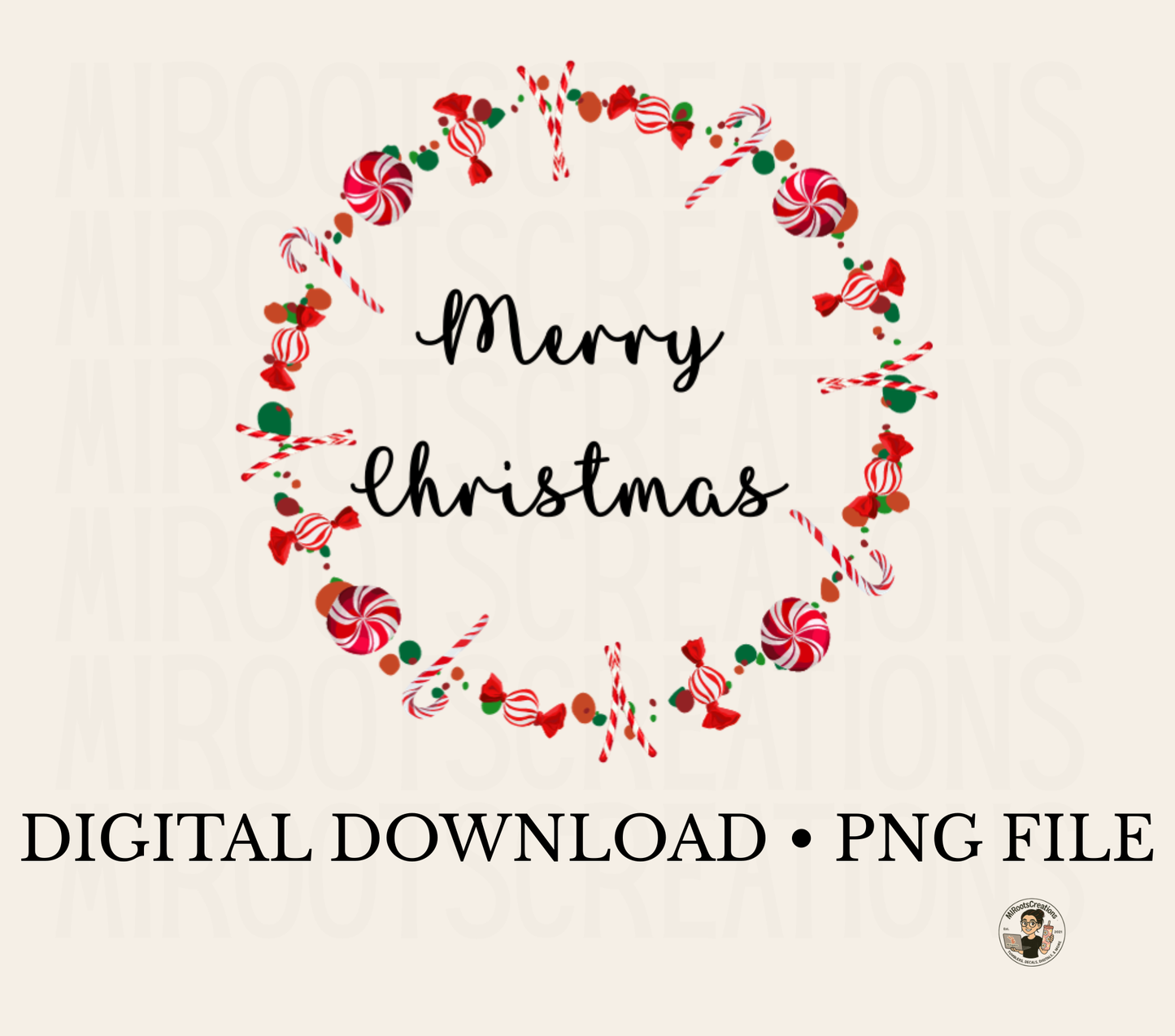 Merry Christmas candy wreath PNG – red and green holiday candy circle digital file