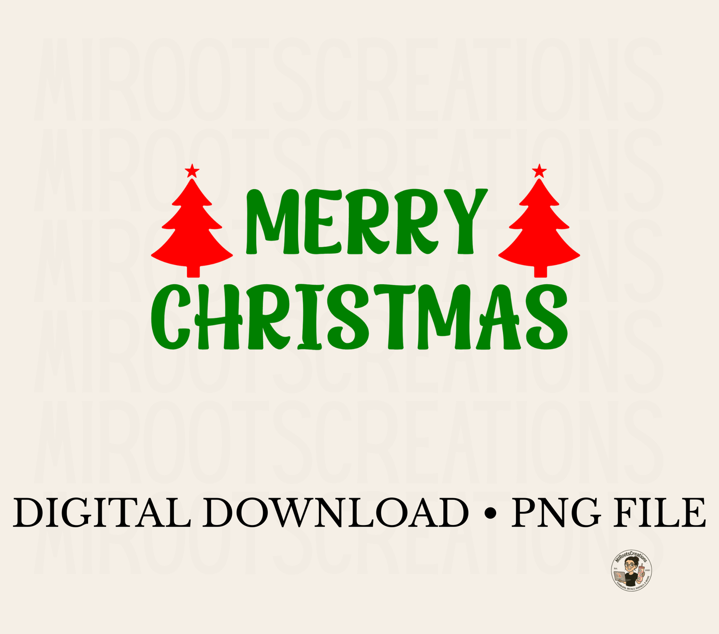 Merry Christmas text with red Christmas trees PNG – clean holiday clipart