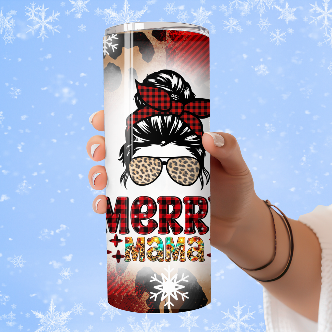 Merry Mama (Messy Bun) Christmas Holiday Tumbler – Leopard Plaid Holiday Cup