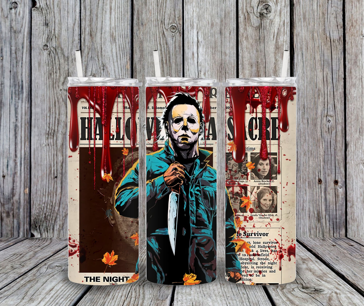 20 oz Michael Myers Bloody Halloween Newspaper tumbler