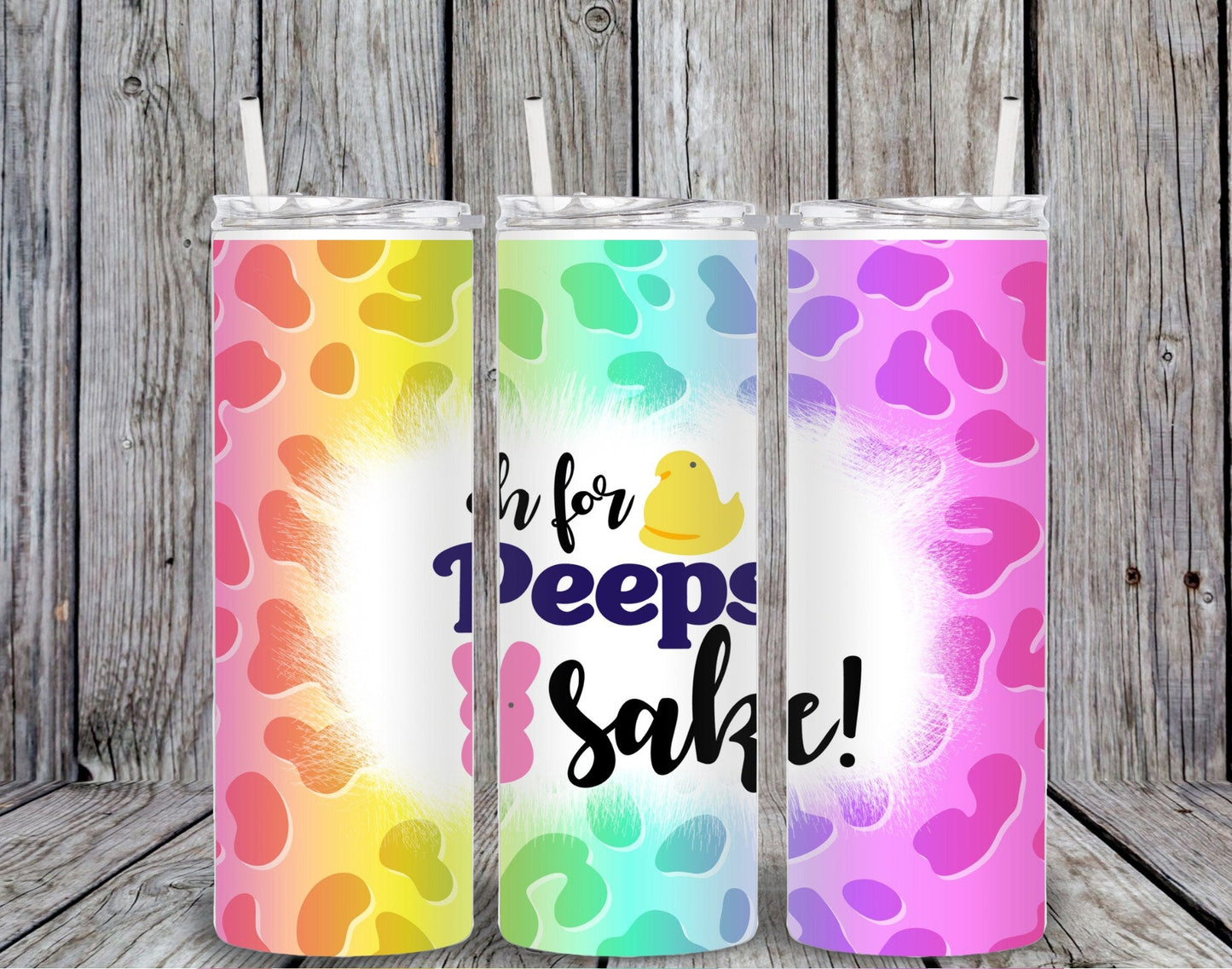 Colorful 20oz skinny tumbler featuring “Oh’ for Peeps Sake” design with rainbow splash background and peep chick illustration. MIRootsCreations