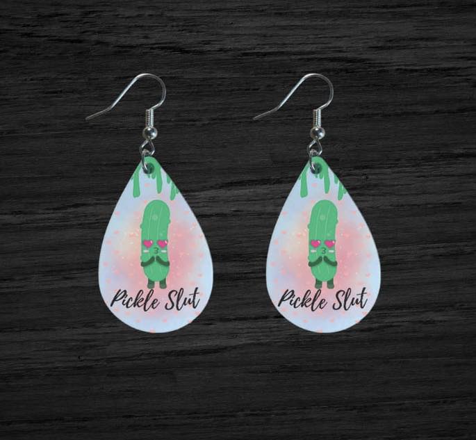 Teardrop shaped; funny pickle earrings; Pickle Slut.