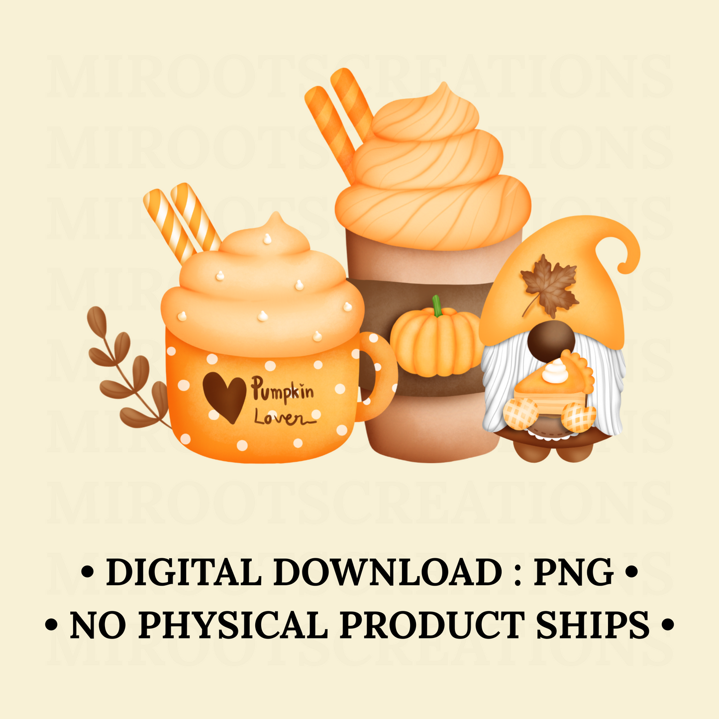 Pumpkin spice coffee drinks with a gnome holding pumpkin pie – PNG digital download for fall crafts, tumblers, and shirts.