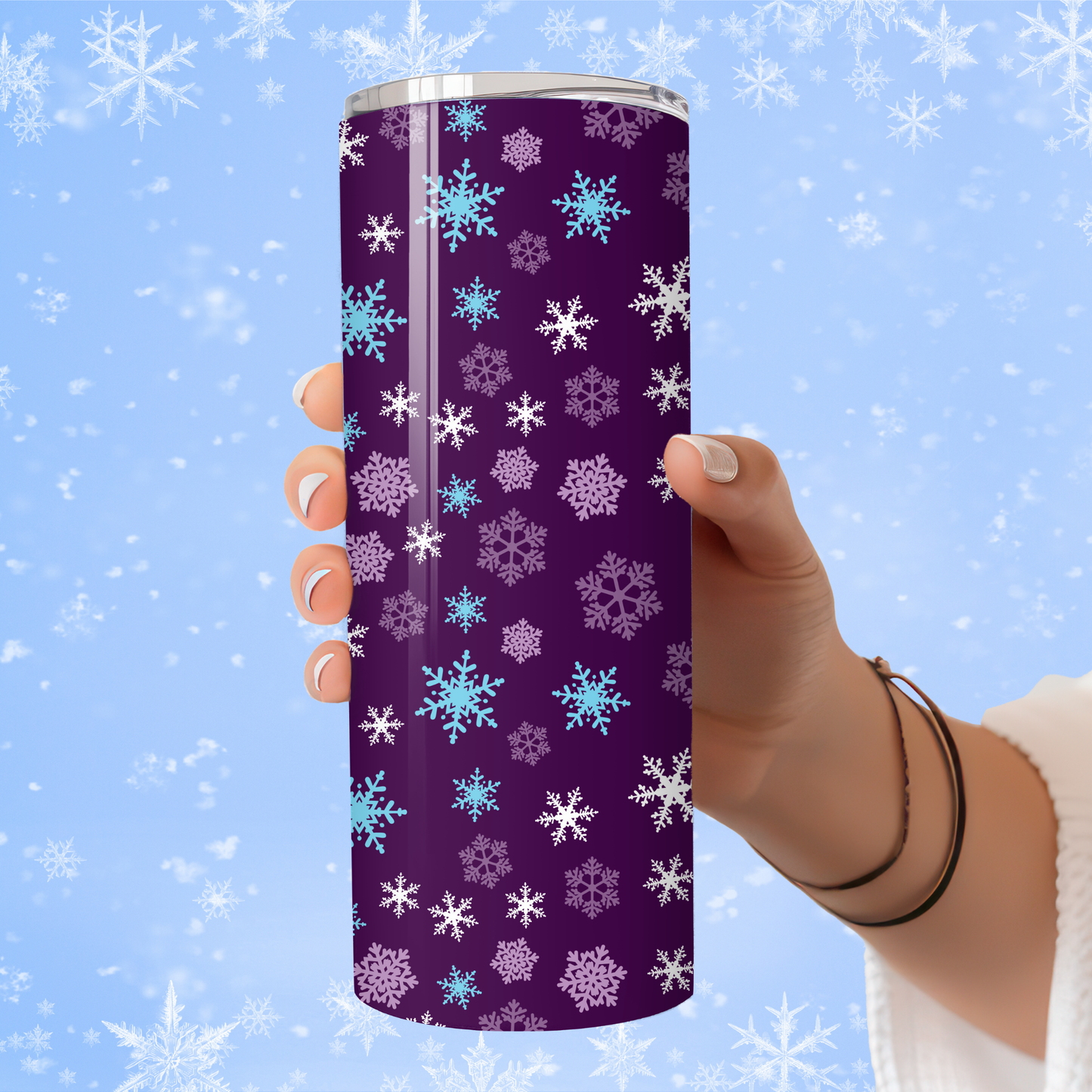 Purple Snowflake Winter Tumbler | Frosty Holiday Drink Cup