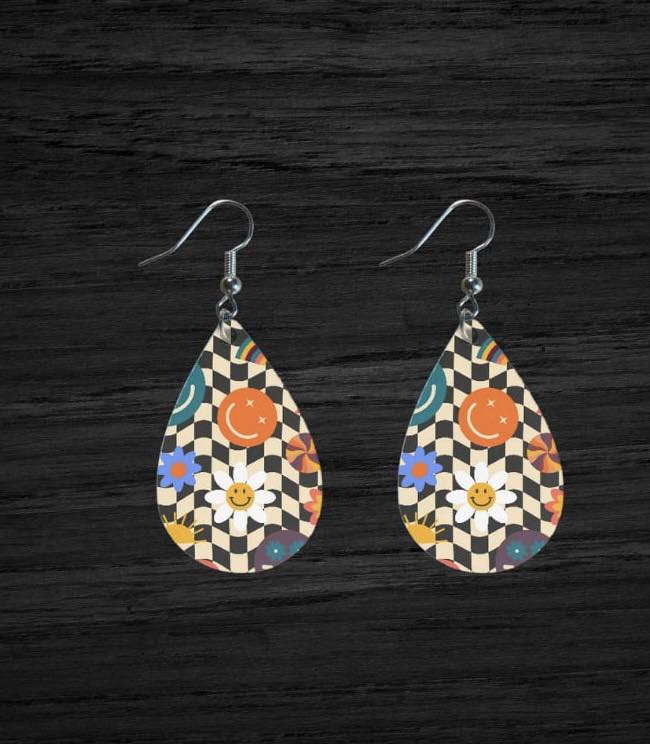 Teardrop shape. Retro 1970s Vintage pattern themed earrings