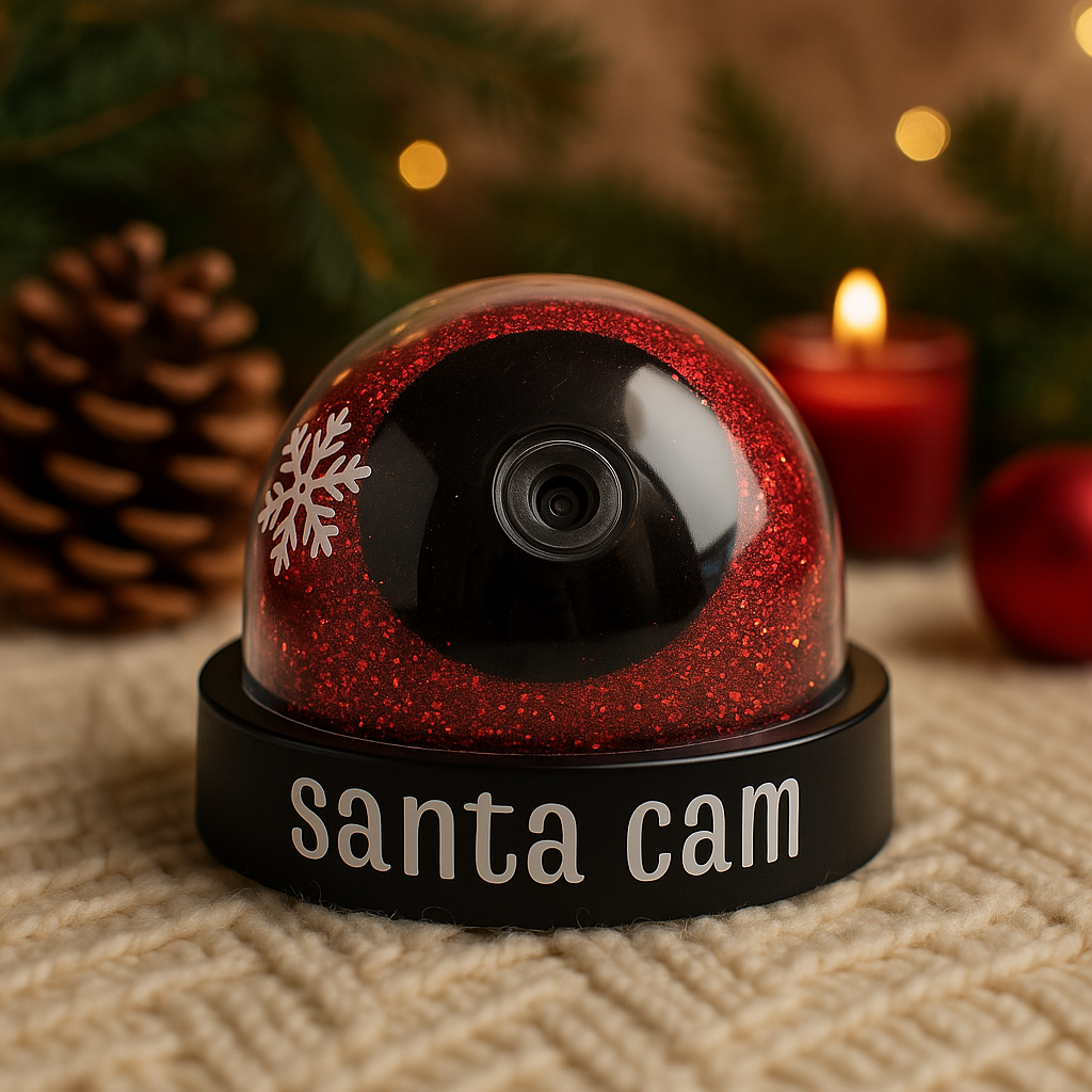 Santa Cam security camera in a red glittery dome with Christmas decorations in the background.