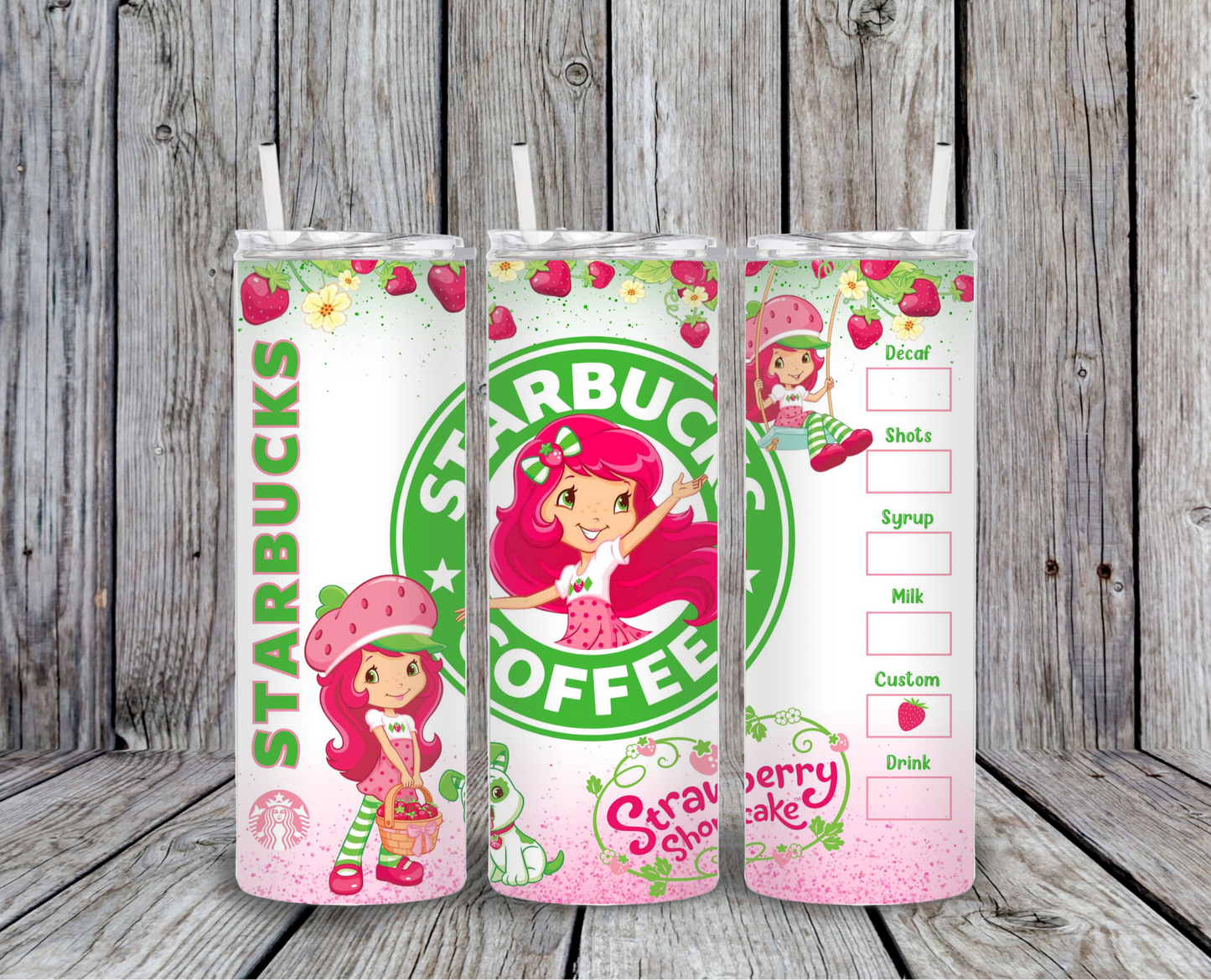 20oz stainless steel tumbler featuring Strawberry Shortcake 80’s cartoon character with Starbucks coffee logo, strawberries, and order checklist design