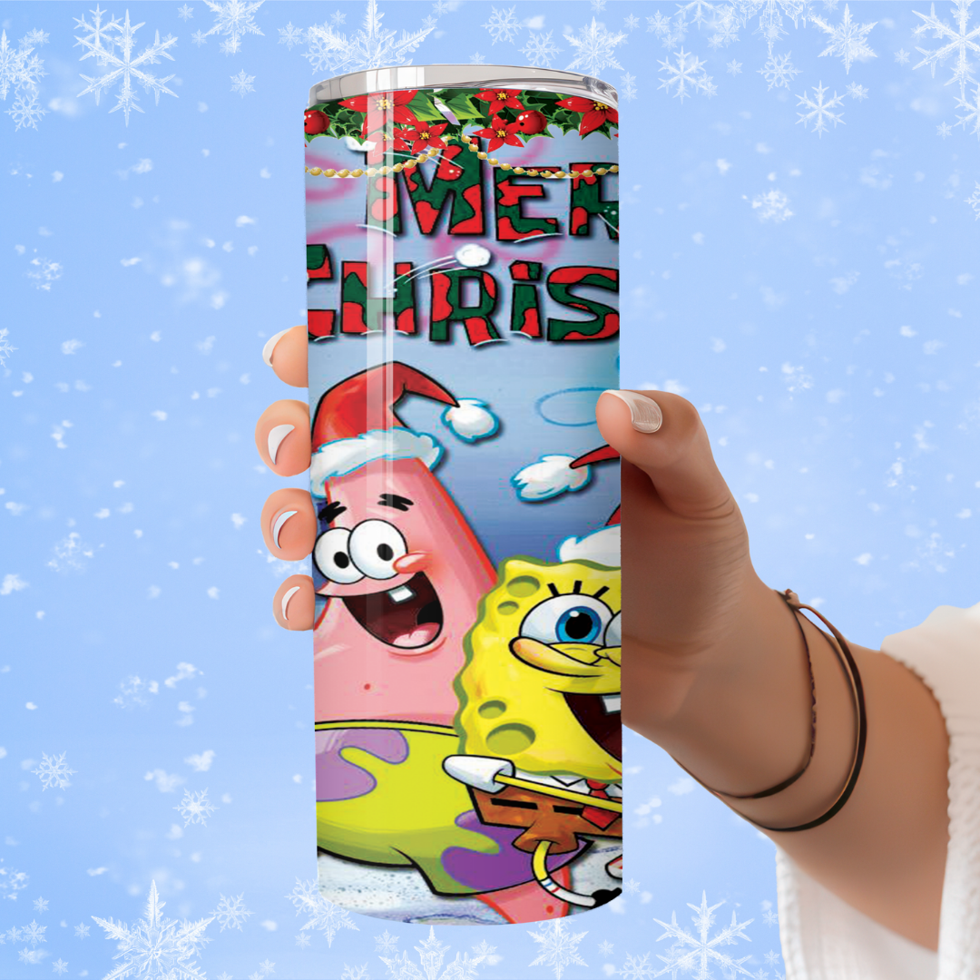 Tumbler with Christmas-themed design featuring cartoon characters on a blue background with snowflakes. Spongebob Christmas Tumbler – Merry Patrick Holiday Cup