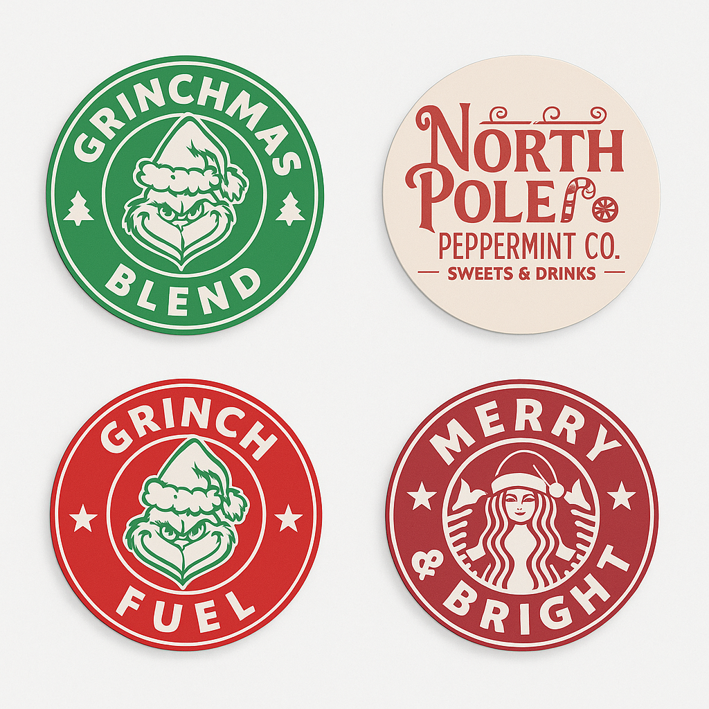 Four Christmas-themed coasters with Grinch and North Pole branding on a white background.