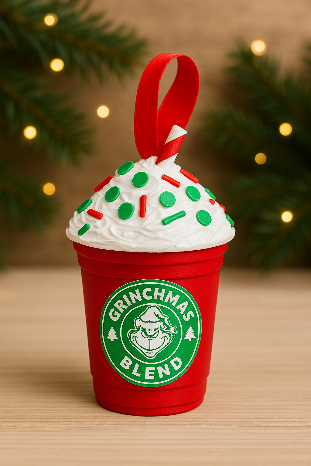 Starbucks Grinchmas Blend cup ornament with festive design on a wooden surface.