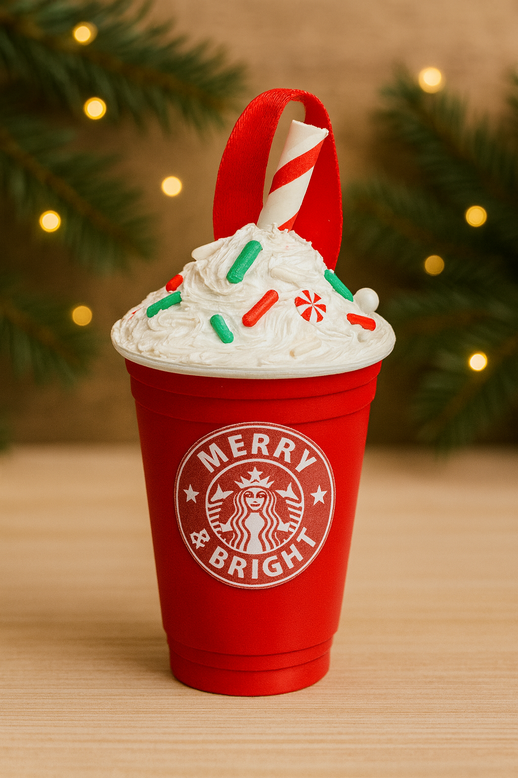 Red Starbucks cup with whipped cream and a candy cane against a festive background