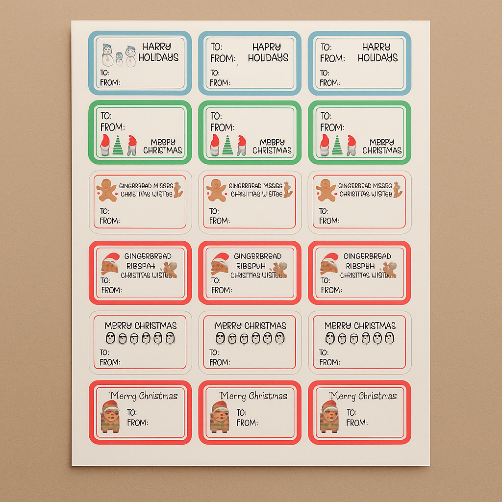 Sheet of Christmas-themed labels with various designs on a brown background