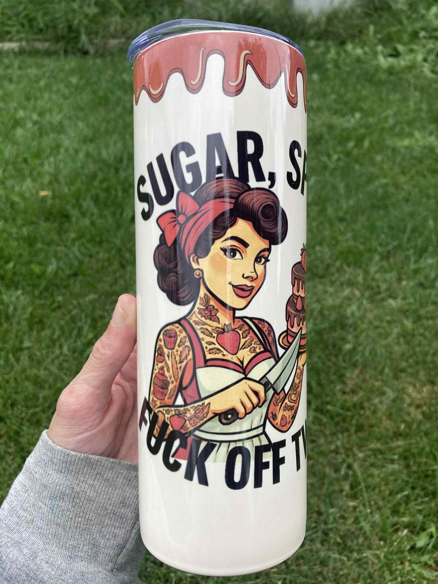 Tattooed pinup girl tumbler with “Sugar, Spice & Fuck Off” text, 20oz insulated stainless steel cup with lid and straw.