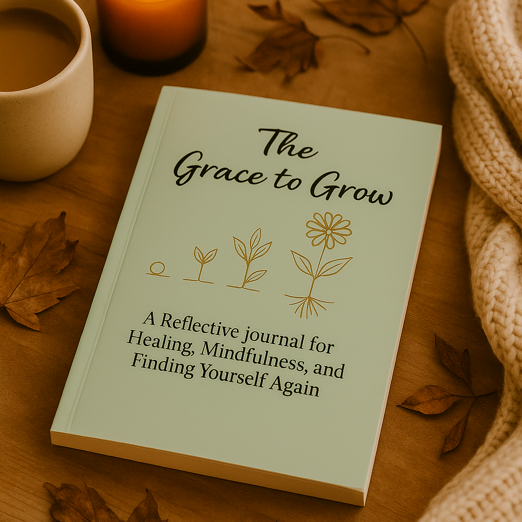 Book titled 'The Grace to Grow' on a wooden surface with a lit candle and cup of coffee.