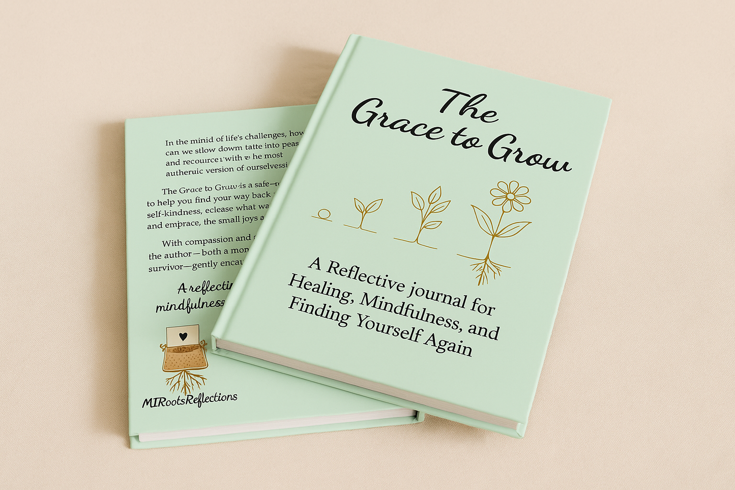 Two green journals titled 'The Grace to Grow' on a beige background