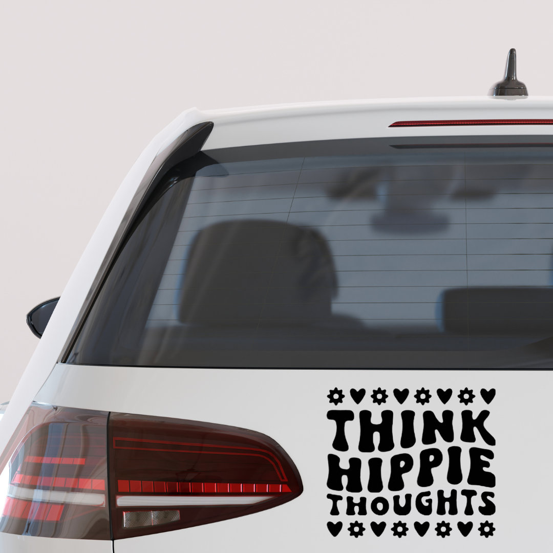 “Think Hippie Thoughts” vinyl decal with groovy retro lettering, boho peace-inspired sticker for cars, laptops, tumblers, and water bottles.